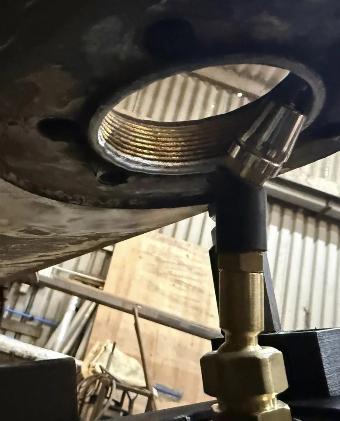 The spiral weld overlay deposited inside the bore, ready for line boring.